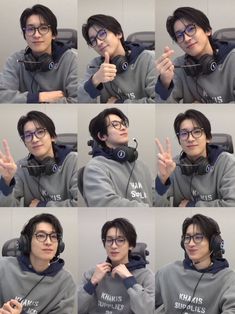 multiple pictures of a man wearing headphones and making the peace sign with his fingers