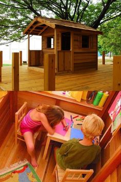 there are two children playing in the wooden play house and on the floor next to each other