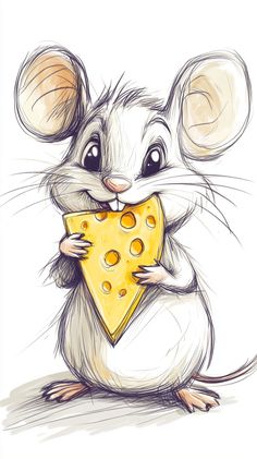 a drawing of a mouse holding a piece of cheese