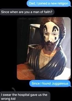 two texts that are in different languages, one has a man's face painted on it