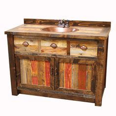 the sink is made out of wood and has two doors on one side, with an open drawer at the bottom