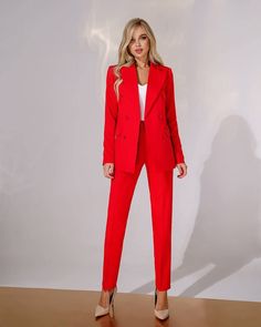 2-piece Womens Blazer Trouser Suit for office, business meetings, formal events and special occasions. Also perfectly combines with sneakers so after a long and tiring business day you can change you heels to sneakers and still look chic. DETAILS -  chinos pants -  slim fit  -  cropped  -  high rise -  blazer is buttoned -  lined -  side pockets -  slim fit -  double breasted -  notch lapel MATERIAL Premium quality suiting fabric, which consists of viscose mostly and a bit of polyester and elastane  SIZES The models in photos are wearing a size S Available in 4 sizes: XS= 0 US numeric  BUST 32-34 inches or 82-86 cm WAIST 23-24.8 inches or 59-63 cm HIPS 33-35 inches or 86-90 cm S = 2 US numeric  BUST 34-35 inches or 86-90 cm WAIST 25-26 inches or 63-67 cm HIPS 35-37 inches or 90-94 cm M = 4 Red Pants Suit For Women, Red Women Outfit, Red Power Suit Women, Red Pant Suit For Women, Tailored Red Dress Pants For Formal Occasions, Elegant Tailored Red Dress Pants, Elegant Fitted Red Dress Pants, Tailored Red Blazer For Office Wear, Red Pantsuit With Suit Collar For Work