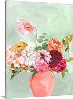 a painting of flowers in a pink vase on a green background canvas print wall art