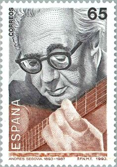 a stamp with an image of a man wearing glasses and holding a guitar in his right hand