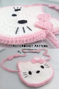 a crocheted kitty purse is shown in pink and white