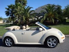 a white convertible car parked in front of a palm tree