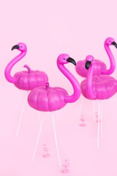 three pink flamingos sitting on top of pins