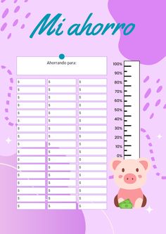 a pink and purple poster with a pig sitting on the ground next to a ruler