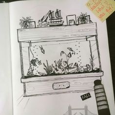 a drawing of a fish tank with plants in it