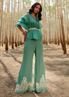 Mishru-Teal Moira Pant And Top Set-INDIASPOPUP.COM Pant And Top Set, Trendy Outfits Indian, Diwali Outfits, Top Satin, Organza Top, Traditional Indian Dress, Embroidered Belt, Designer Dresses Casual, Party Wear Indian Dresses