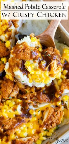 mashed potato casserole w / crispy chicken in a white dish with a wooden spoon