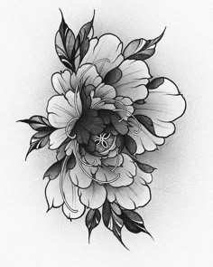 a black and white drawing of a flower with leaves on it's petals is shown