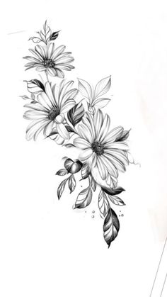 a black and white drawing of flowers with leaves on the bottom half of their arm