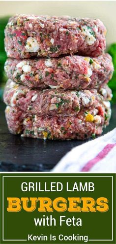 grilled lamb burgers with feta are stacked on top of each other and the title reads grilled lamb burgers with feta