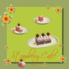 an image of strawberry cake on plates with flowers in the background and text that reads strawberry cake