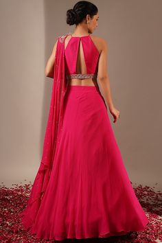 Halter Neck Lehenga, Pink Georgette Lehenga, Halter Neck Blouse, Lehenga And Blouse, Fashionable Saree, Indian Dresses For Women, Halter Neck Blouses