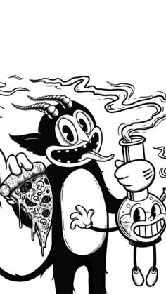 a black and white drawing of a penguin holding a slice of pizza in his hand