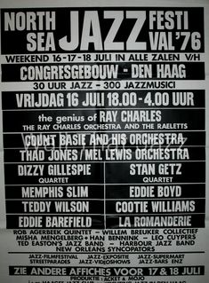 a poster for the north sea jazz festival, with names in black and white on it