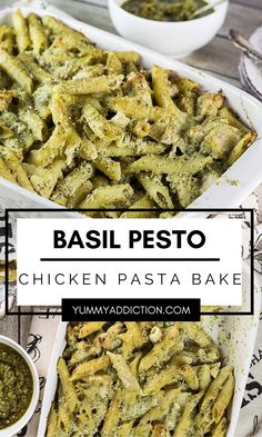 basil pesto chicken pasta bake in a casserole dish