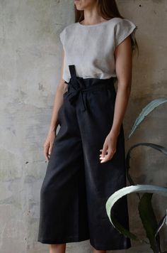 Linen PantsLinen Bell-bottomed TrousersWomen's | Etsy Black Linen Bottoms For Summer, Black Linen Summer Bottoms, Black Cotton Casual Culottes, Casual Black Cotton Culottes, Black Summer Culottes With Pockets, Black Linen Wide Leg Pants With Elastic Waistband, Black Wide Leg Culottes For Summer, Chic Black Linen Bottoms, Black Wide Leg Summer Culottes