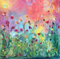 an abstract painting with flowers in the foreground and pink, blue, green, yellow, red, and white colors