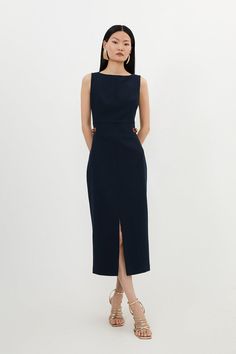 Experience Everyday Elegance In Our Midi Dress, Made With Comfortable Four Way Stretch, With A Figure Hugging Bodice That Flows Into A Straight Hanging Skirt, And Tab Details Made With Faux Leather, Designed To Cinch The Waist. Style It With Sandals Or Court Heels For A Look That Will Take You From Summer Office Days To Date Nights. Petite Compact Stretch Tailored Pu Tab Detail Midi Dress High Quality Stretch Fabric Flattering Fitted Bodice  Straight Hanging Skirt Unique Faux Leather Tab Accents Column Silhouette Dress, Midi Business Dress, Evening Work Dress, Business Attire For Petite Women, Tailored Feminine Style, Dress To Work The Office, Dramatic Classic Formal Dress, Blazer And Midi Dress, Classic Style Dress