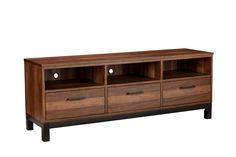 an entertainment center with three drawers and two doors on each side, in walnut finish