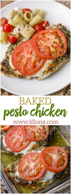 baked pesto chicken with tomatoes on top and pasta on the bottom, in a white plate