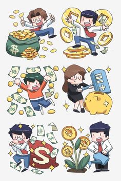 various cartoon characters with money and coins