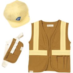 a hat, vest, and gloves are laid out on a white surface with the image of a baseball cap