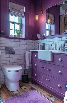 a bathroom with purple cabinets and white toilet