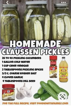 an advertisement for homemade glass canning pickles