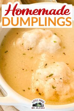 homemade dumplings in a white bowl with spoons on the side and title overlay