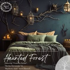 sage green, khaki and navy blue bed sheets make for a hauntingly fun Halloween bedroom design Woodland Inspired Bedroom, Dark Enchanted Forest Bedroom, Goth Forest Bedroom, Woodland Bedrooms Master, Dark Forest Room Decor, Woodland Aesthetic Bedroom, Woodland Home Aesthetic, Enchanted Forest Interior Design, Forest Theme Room Decor