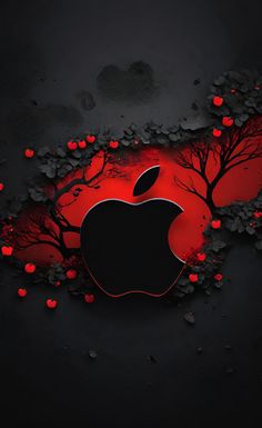 an apple logo is surrounded by leaves and blood red lights in the dark background,