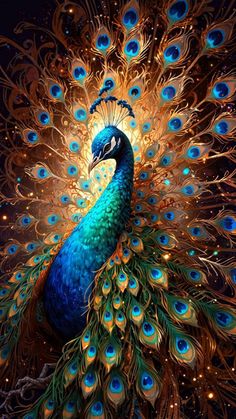 a painting of a peacock with its feathers spread out