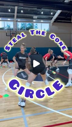 a group of people on a basketball court with the words steal the cone circle in front of them