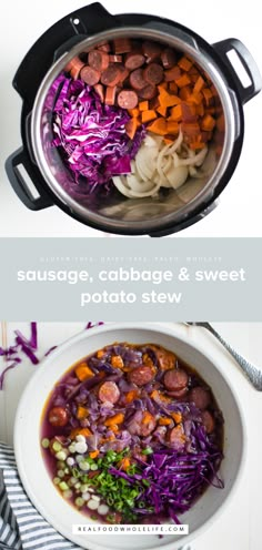 sausage, cabbage and sweet potato stew in an instant pressure cooker with text overlay