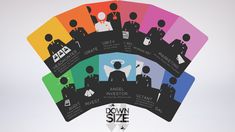 six business cards with different colors and silhouettes in the middle one has an image of people on it