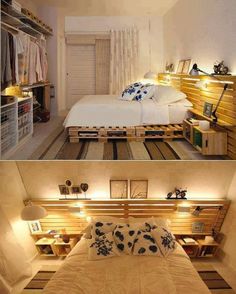 there are two pictures of a bed made out of pallets and some bookshelves