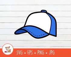 a blue and white baseball cap on top of a wooden background with the word svg eps png