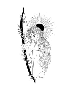 a drawing of a woman holding a bow and arrow with the sun above her head