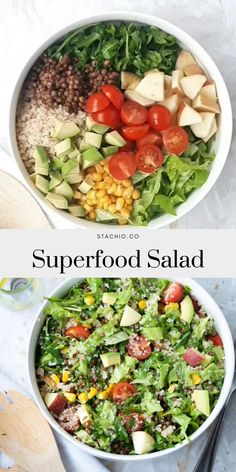 two bowls filled with different types of salads