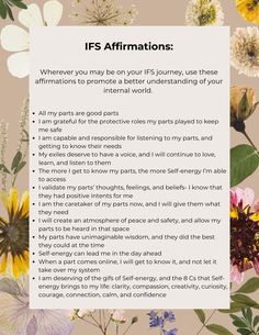 IFS affirmations can be a powerful way to integrate parts work into your day-to-day. Use these affirmations to integrate your parts, their experiences, and activate positive self-talk in alignment with Self-energy. Parts Work Therapy, Ifs Parts, Psychology University, Mental Health Activities, Clinical Social Work