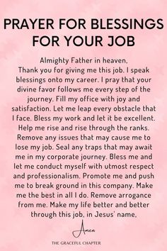 a prayer card with the words prayer for blessings for your job on pink background