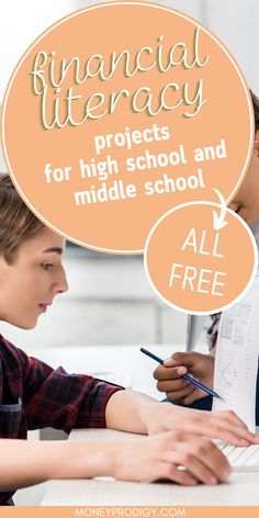 two kids sitting at a table with notebooks and papers in front of them, the text financial literacy projects for high school and middle school