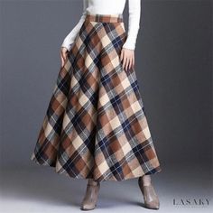 Lasaky - Classic Long Dress with High Waistline and Grid Patterned Hem Plaid Wool Skirt, Woolen Dresses, Tartan Skirt, Khaki Skirt, Ankle Length Skirt, Pleated Long Skirt, England Fashion, Winter Skirt, Elegant Skirt