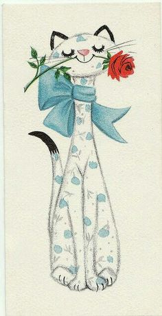 a drawing of a cat with a rose in it's mouth and wearing a blue bow