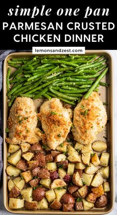 chicken dinner in a pan with green beans and potatoes