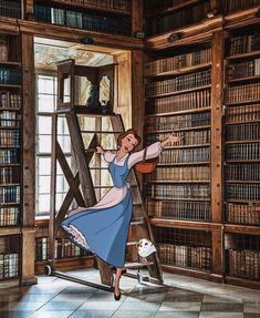 a woman standing on a ladder in front of a bookshelf